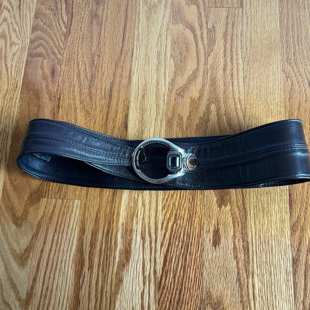 Y2K Wide Brown Leather Belt Silver Gem‎ Buckle Western Glam Statement M/L 39
